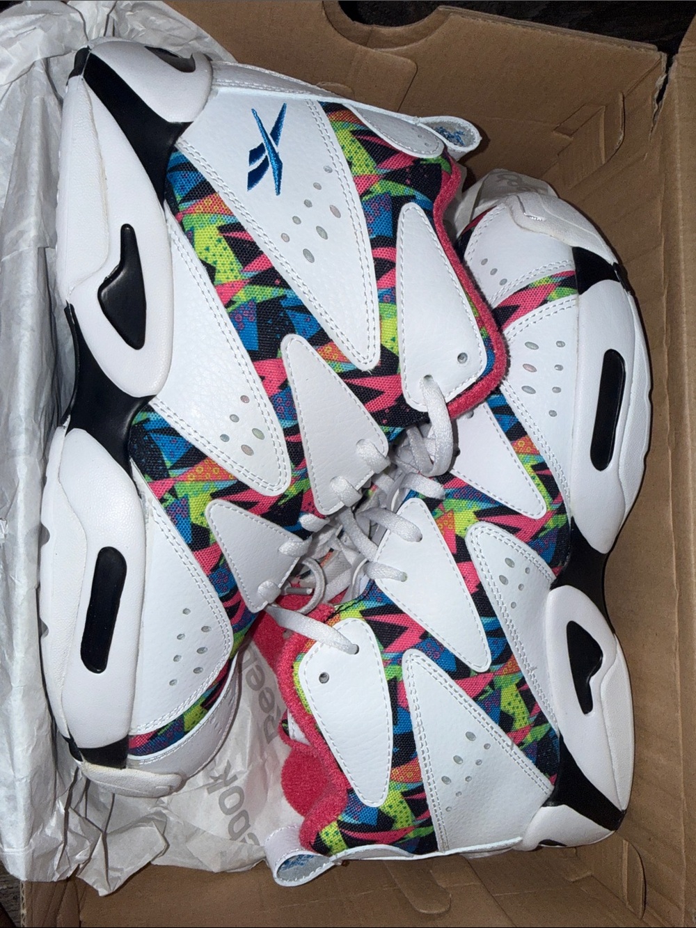 Reebok Kamikaze. White Multicolor Geometric Athletic Sneakers